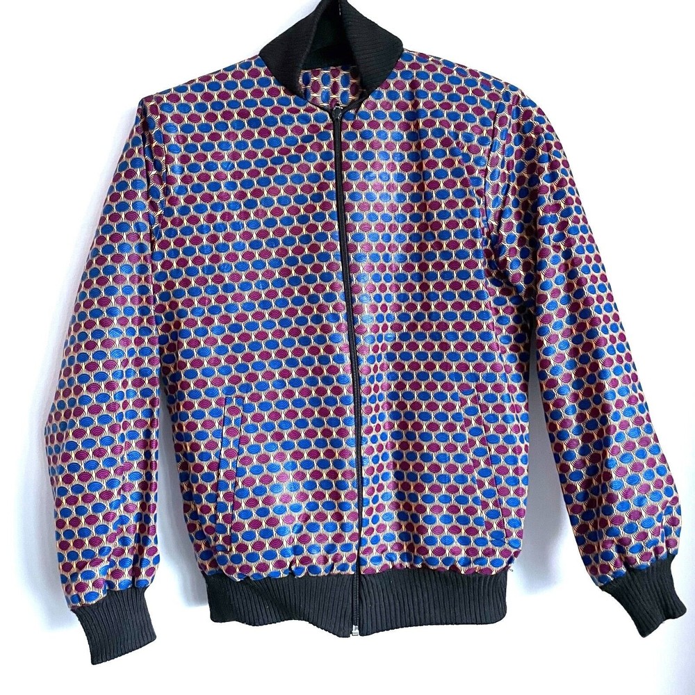 Silky Eye-Catching Blue Purple Print Lightweight Full Zip Bomber Jacket sz S